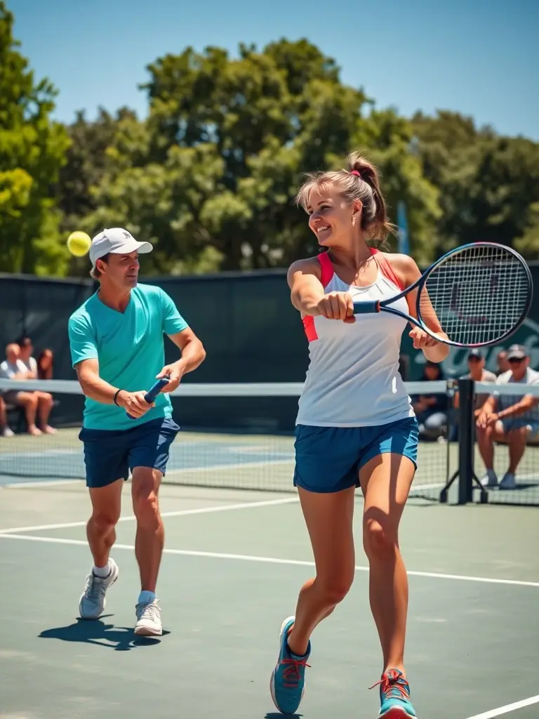 A competitive doubles tennis match in progress, featuring adult club members in action, with spectators watching from the sidelines under sunny skies.