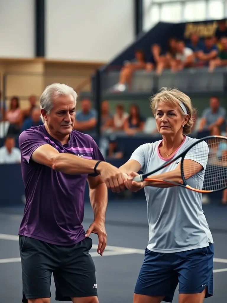 A focused image of adult players engaged in a competitive doubles match, showcasing the intensity and camaraderie of adult league play at ASSOCIATION TENNIS CLUB DE DONZENAC.