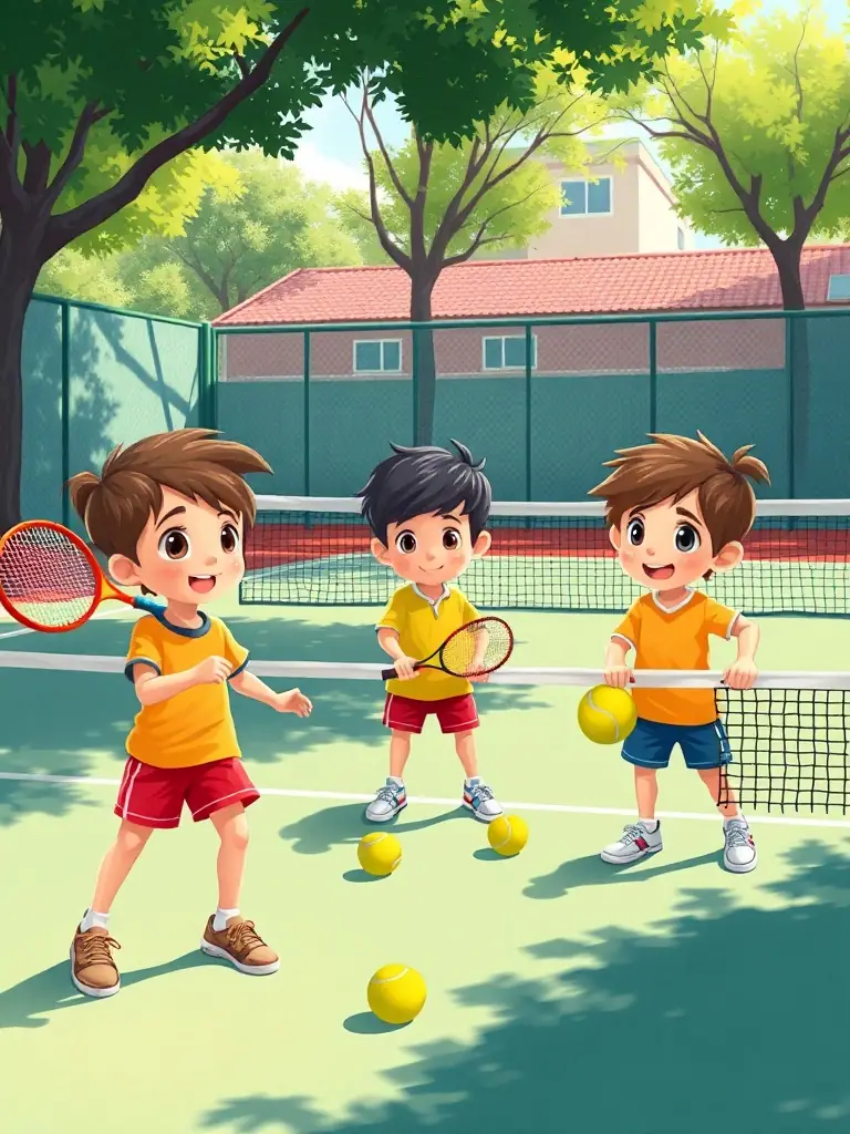 A dynamic image of children participating in a junior tennis clinic, focusing on fun drills and skill-building exercises at ASSOCIATION TENNIS CLUB DE DONZENAC.