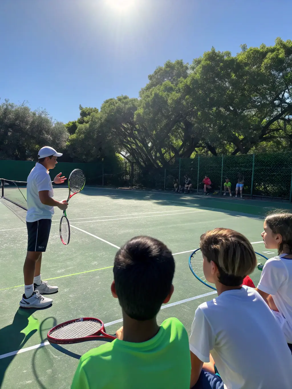 A close-up image of a tennis coach demonstrating proper racket grip to a young player, with tennis balls and equipment visible, emphasizing technical skill development.