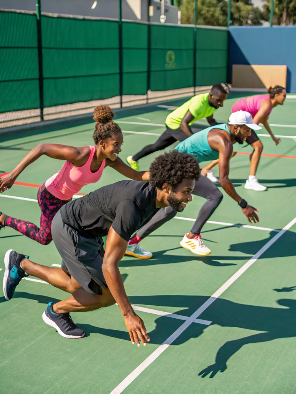 A dynamic photo of a diverse group of adults and children warming up together on an outdoor tennis court, with lush greenery in the background, representing the club's focus on physical fitness.