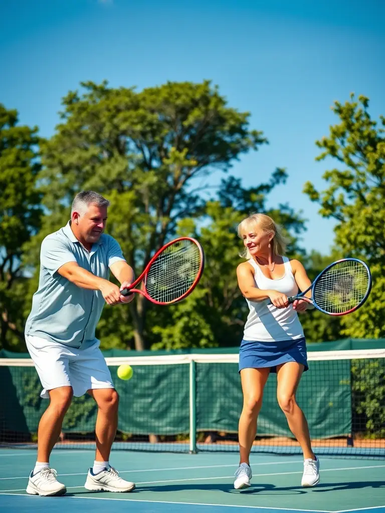 A dynamic shot of adult players engaged in a competitive doubles match, showcasing skill and teamwork.