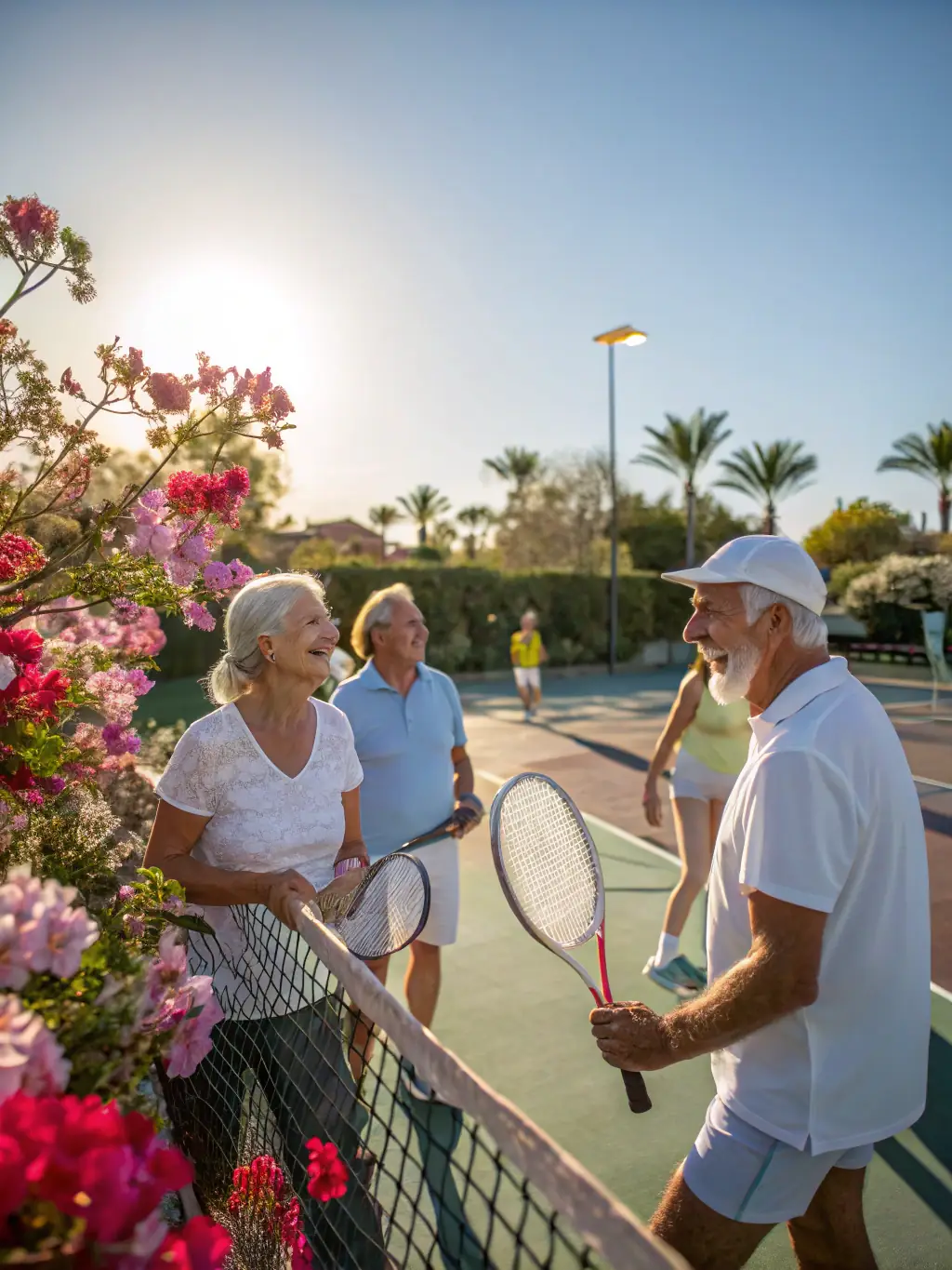 A serene image of senior players enjoying a friendly game of tennis, emphasizing the social and health benefits of tennis for older adults at ASSOCIATION TENNIS CLUB DE DONZENAC.