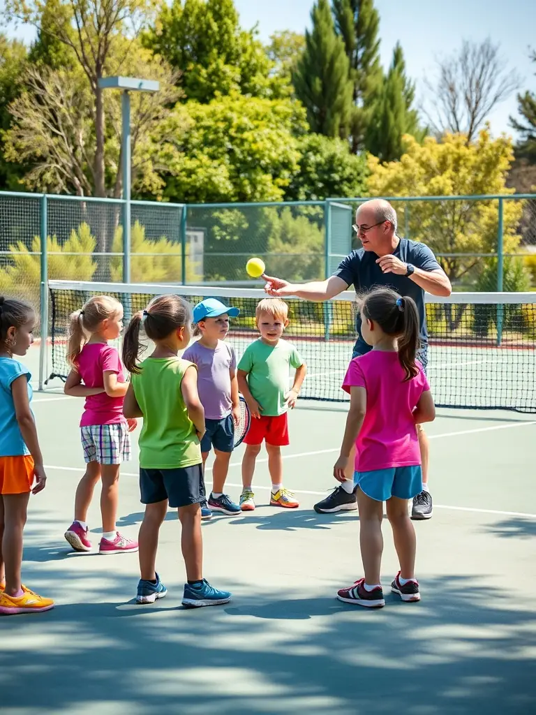 A vibrant image of young children participating in a beginner's tennis lesson on a sunny court, focusing on fun and engagement.