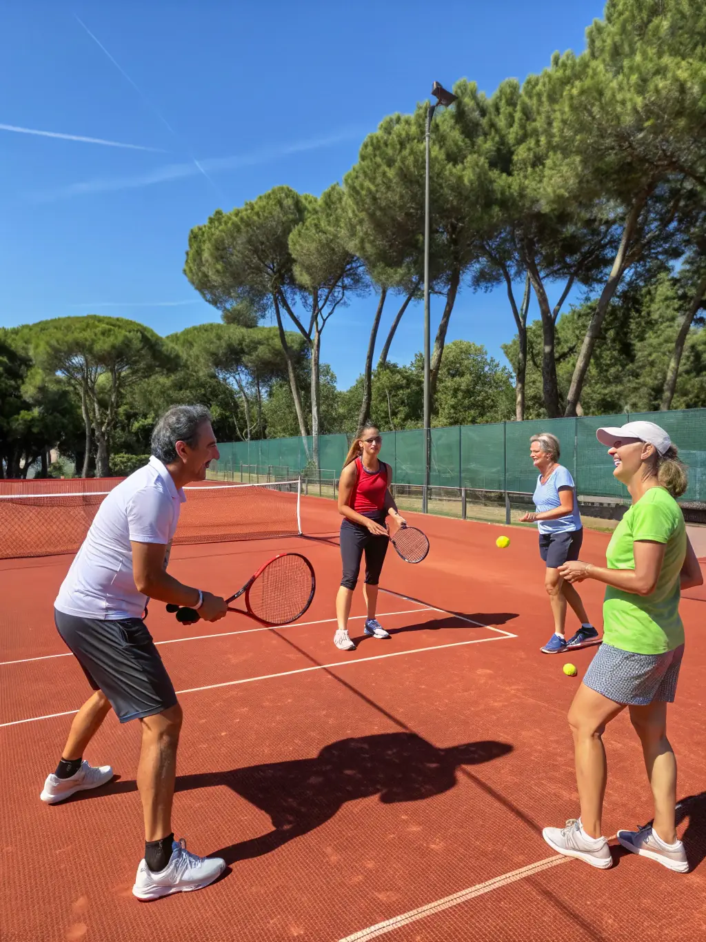 A group of junior tennis players practicing forehand drills on a clay court, with a coach giving instructions, set in a vibrant outdoor club environment.
