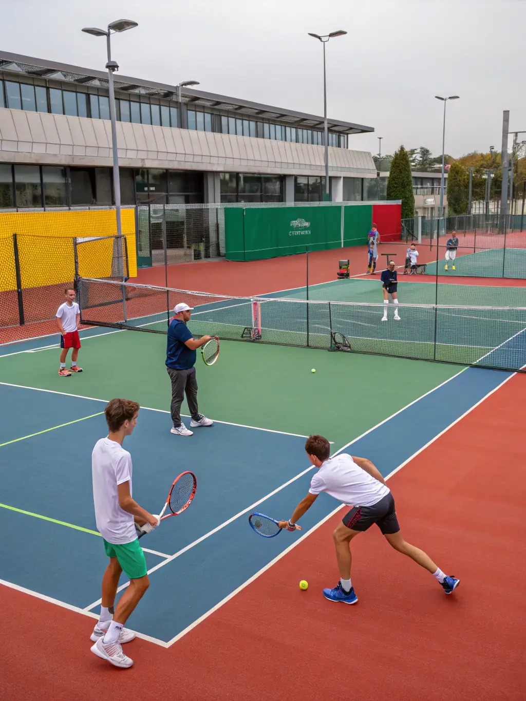 A group tennis fitness session with adults and teens performing agility exercises on the court, led by an energetic instructor.