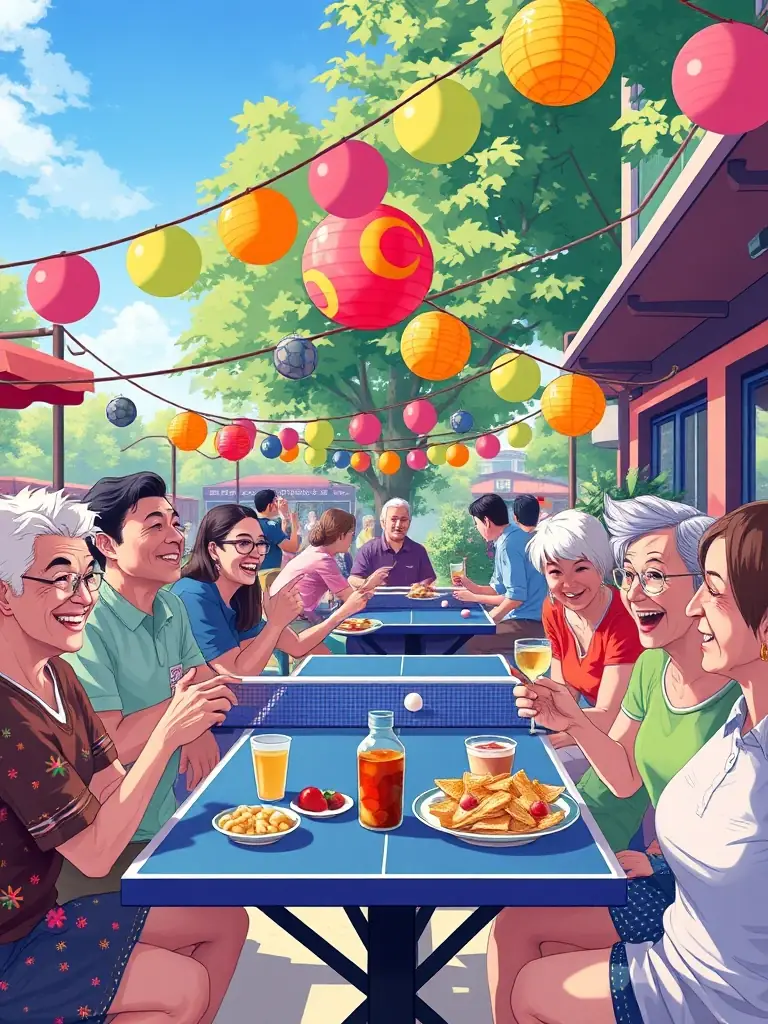 A community event at the tennis club with families, children, and seniors participating in games, refreshments, and social activities around the courts.