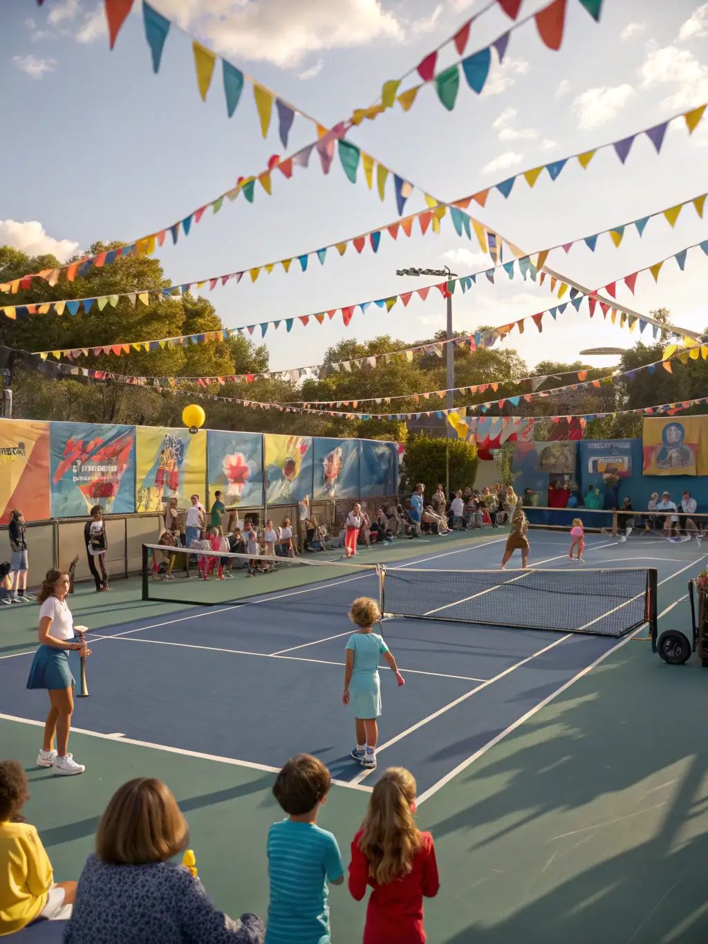 A vibrant group photo of club members of all ages celebrating together after a tournament, with banners and tennis rackets raised in unity.