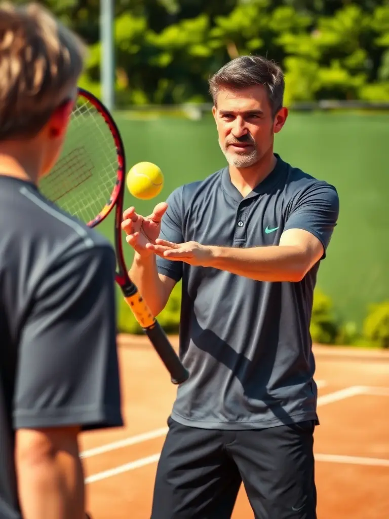 A focused image of a coach providing personalized instruction to a player, emphasizing technique and strategy.